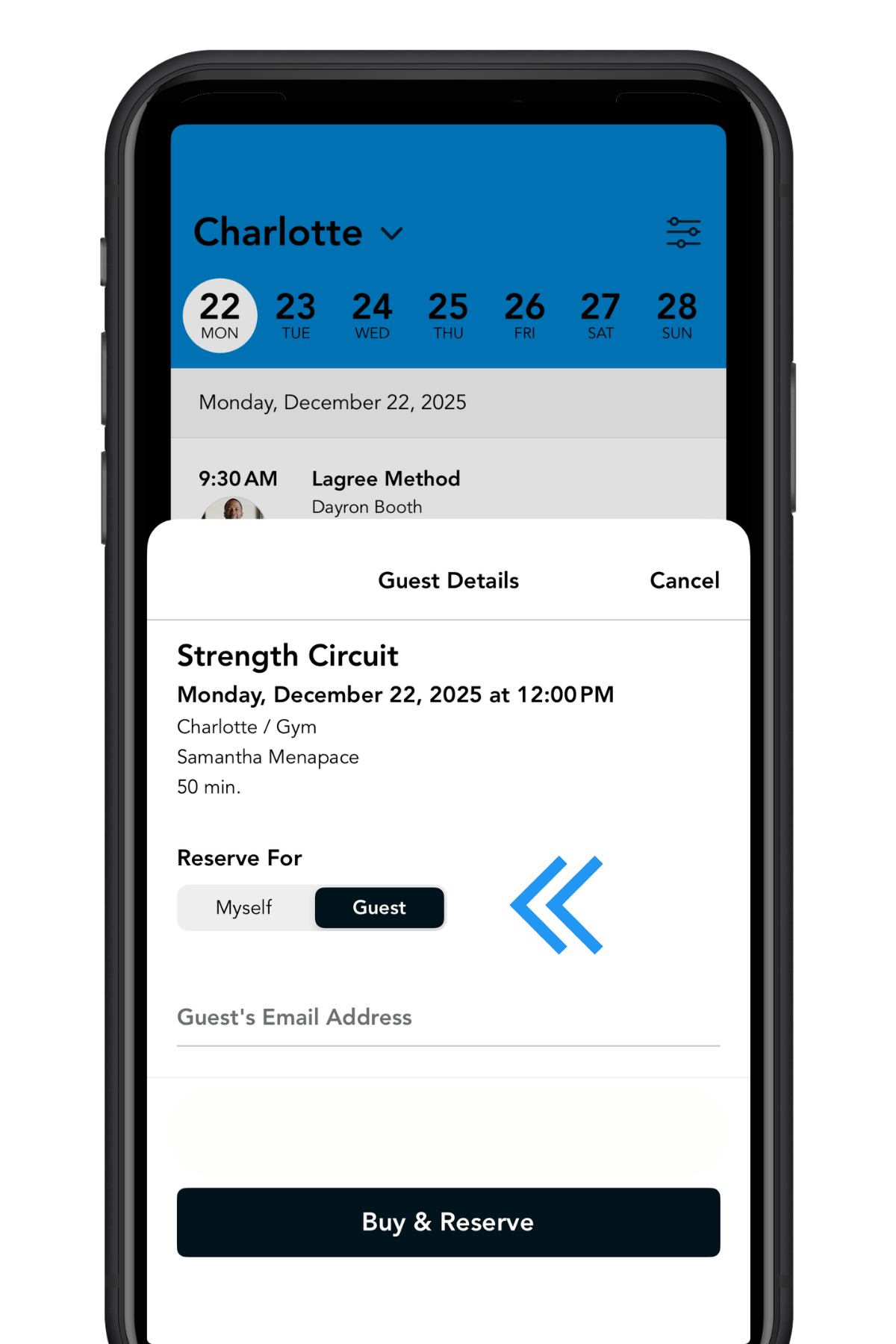 Guest Pass booking screen in the SWC app